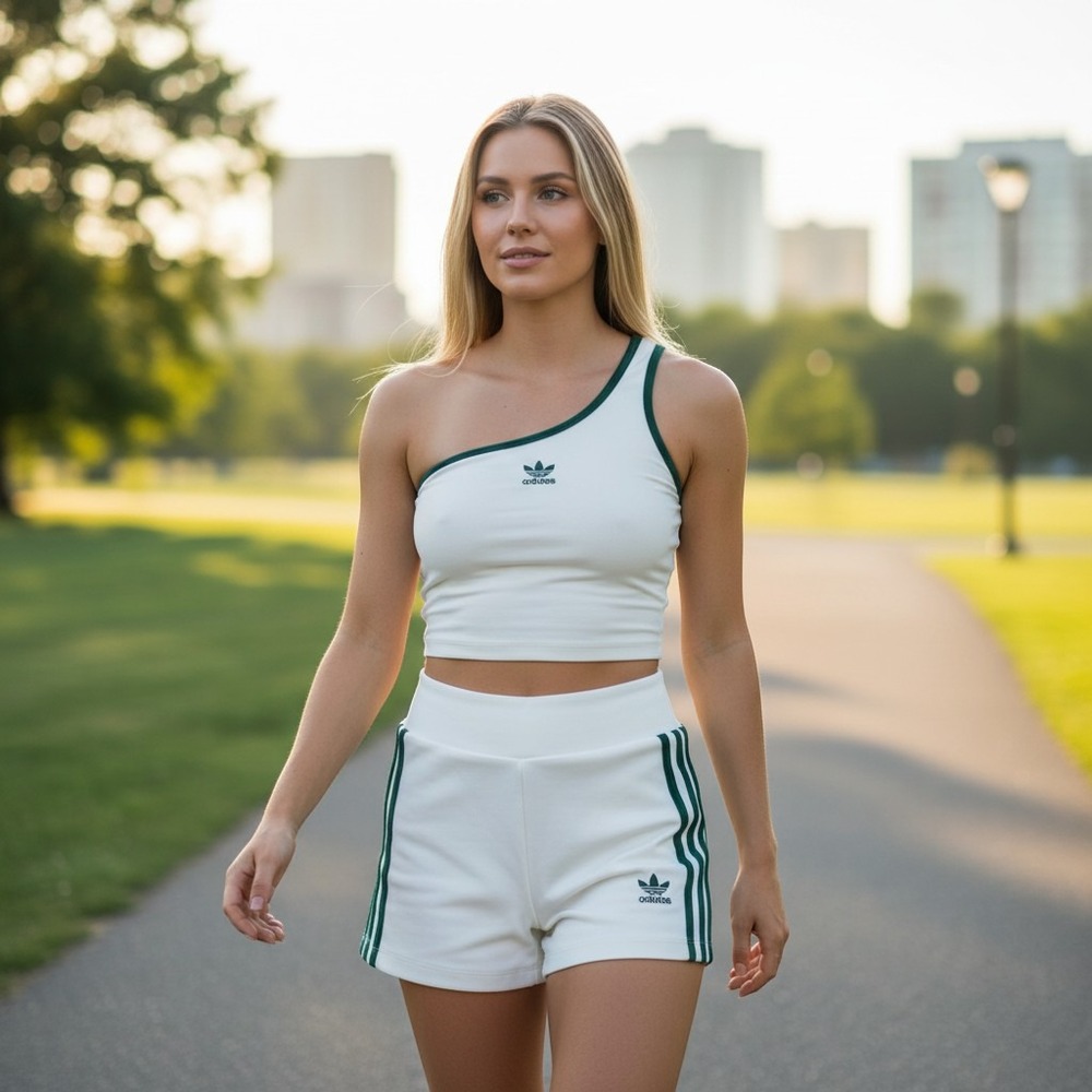 Adidas One Shoulder Crop Top and Shorts Set Cream Green Trefoil Small